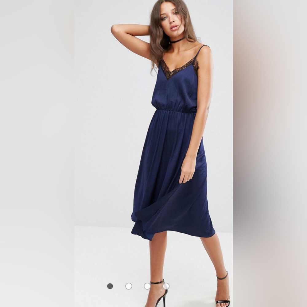 Asos Design Cami Dress Womens Size 14 Navy Blue With Black Lace Trim V Neck - Picture 7 of 12